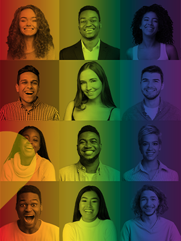 Diversas pessoas em um banner nas cores LGBTQIA+
